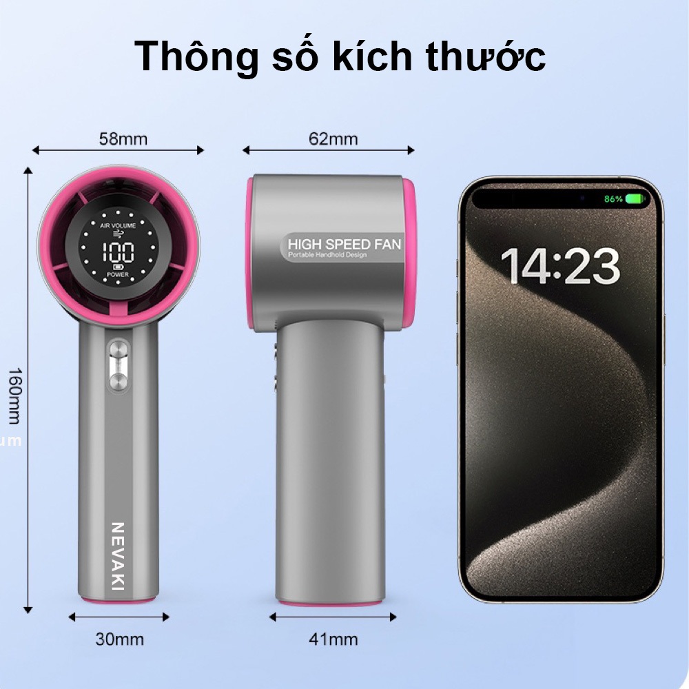 Quạt cầm tay mini NEVAKI GS01 pin 4000mAh với 100 cấp độ gió màn hình kỹ thuật số, bảo hành chính hãng