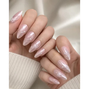 Móng giả mắt mèo hồng nude đính nơ điệu đà, nailbox tự dán tặng kèm dụng cụ 6 món LEUBOX