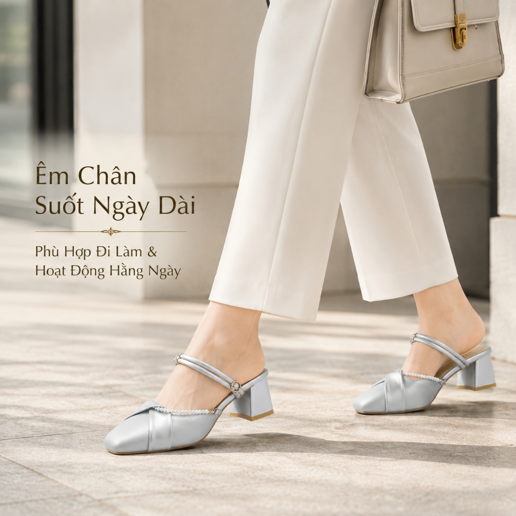 IKUNKA Giày Sục Nữ Cao Gót 5cm Đính Ngọc Trai - Guốc Nữ Sang Chảnh Phối Nơ Xoắn