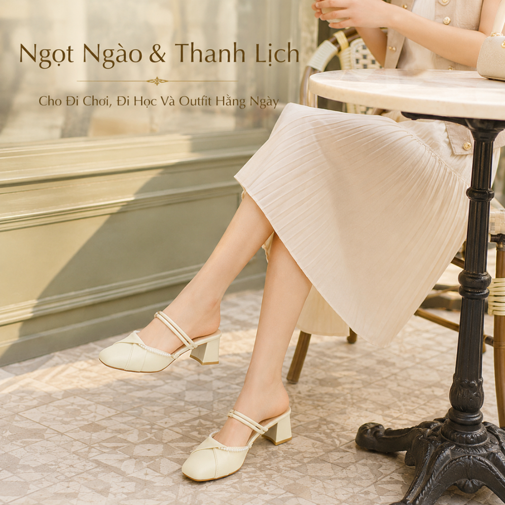 IKUNKA Giày Sục Nữ Cao Gót 5cm Đính Ngọc Trai - Guốc Nữ Sang Chảnh Phối Nơ Xoắn
