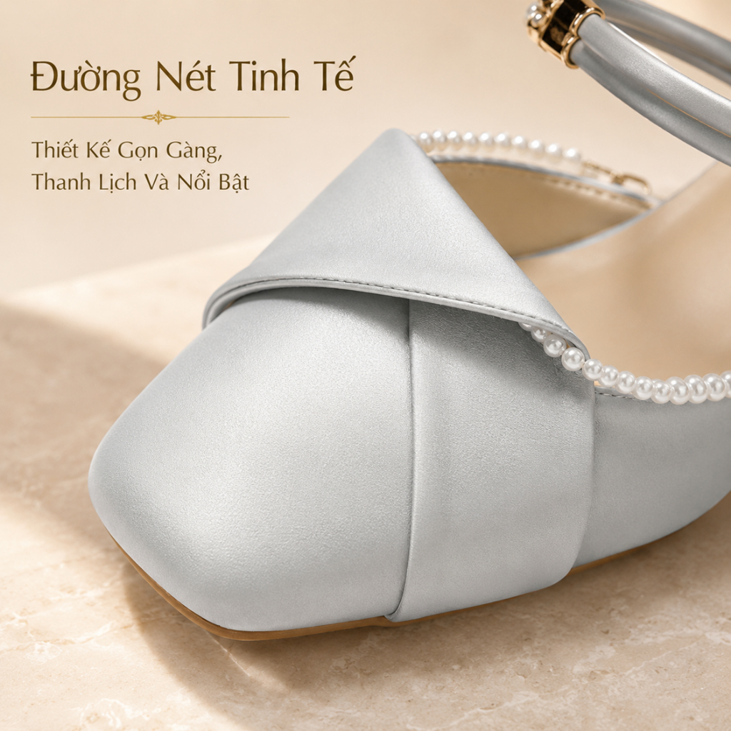 IKUNKA Giày Sục Nữ Cao Gót 5cm Đính Ngọc Trai - Guốc Nữ Sang Chảnh Phối Nơ Xoắn