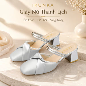 IKUNKA Giày Sục Nữ Cao Gót 5cm Đính Ngọc Trai - Guốc Nữ Sang Chảnh Phối Nơ Xoắn