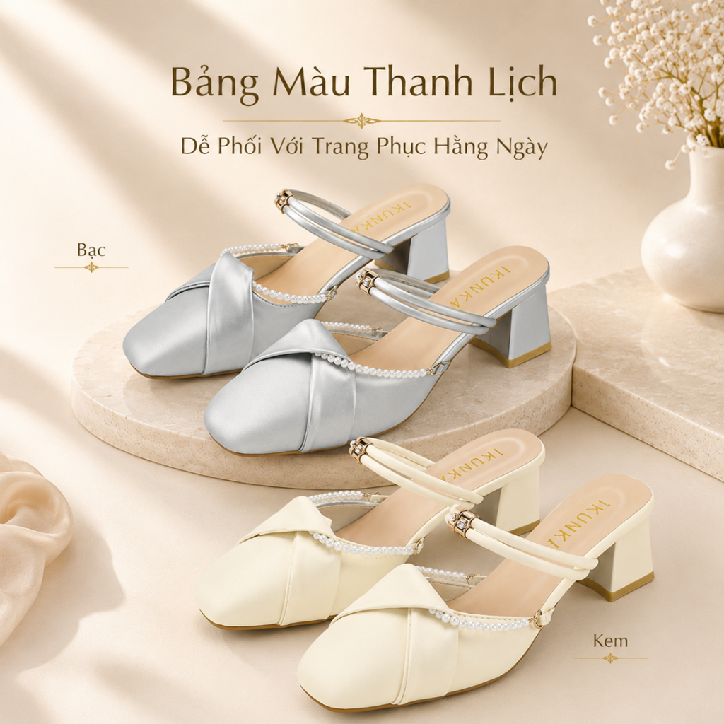 IKUNKA Giày Sục Nữ Cao Gót 5cm Đính Ngọc Trai - Guốc Nữ Sang Chảnh Phối Nơ Xoắn