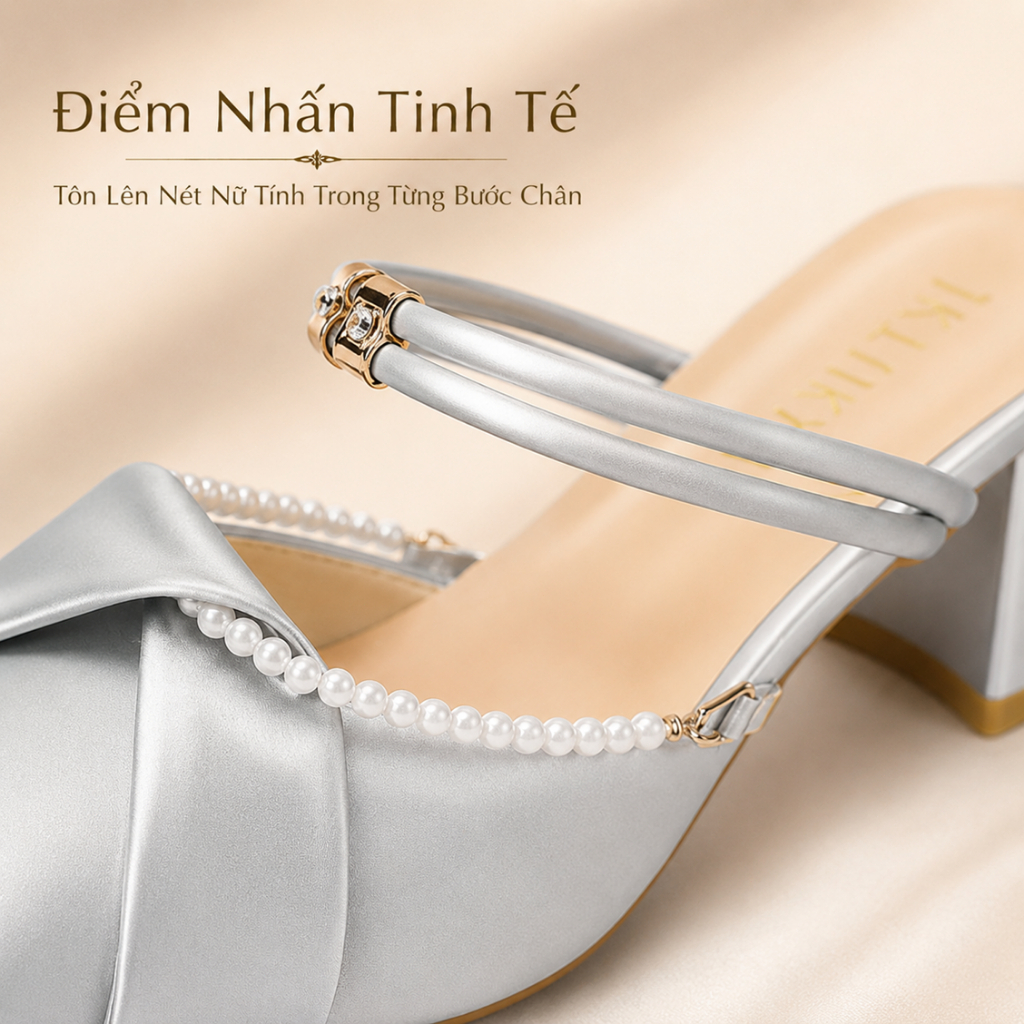 IKUNKA Giày Sục Nữ Cao Gót 5cm Đính Ngọc Trai - Guốc Nữ Sang Chảnh Phối Nơ Xoắn