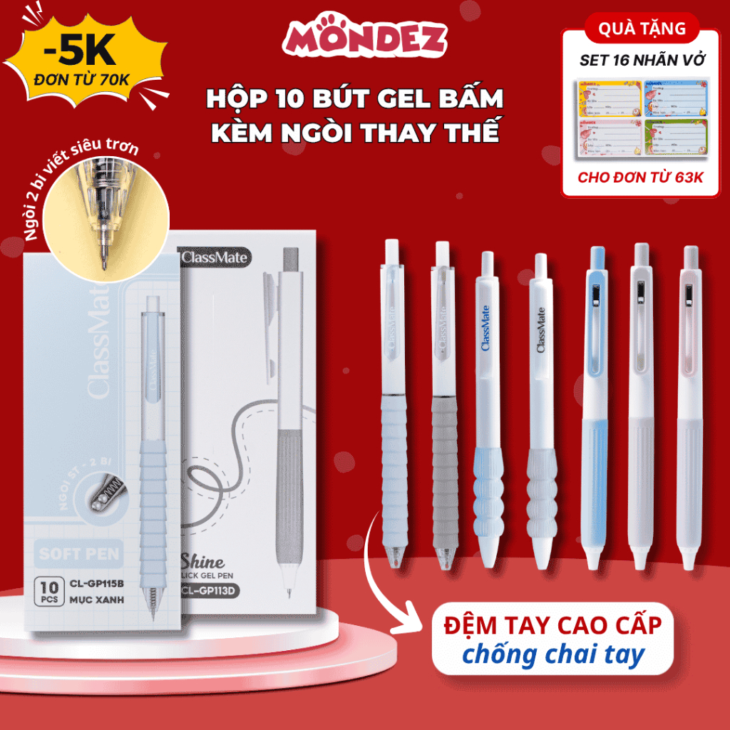 Hộp 10 Bút Gel Bấm CLASSMATE Đệm Tay Cao Cấp Chống Chai Tay, Có Ngòi Thay Thế, Ngòi 2 Bi 0.5mm Viết Siêu Trơn