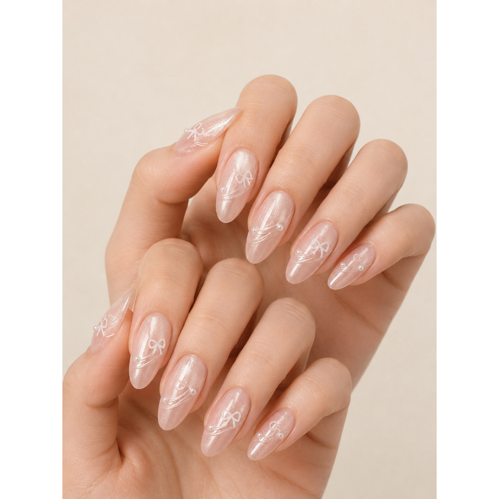 [D01] Móng giả mắt mèo hồng nude đính nơ điệu đà, nailbox tự dán tặng kèm dụng cụ 6 món LEUBOX