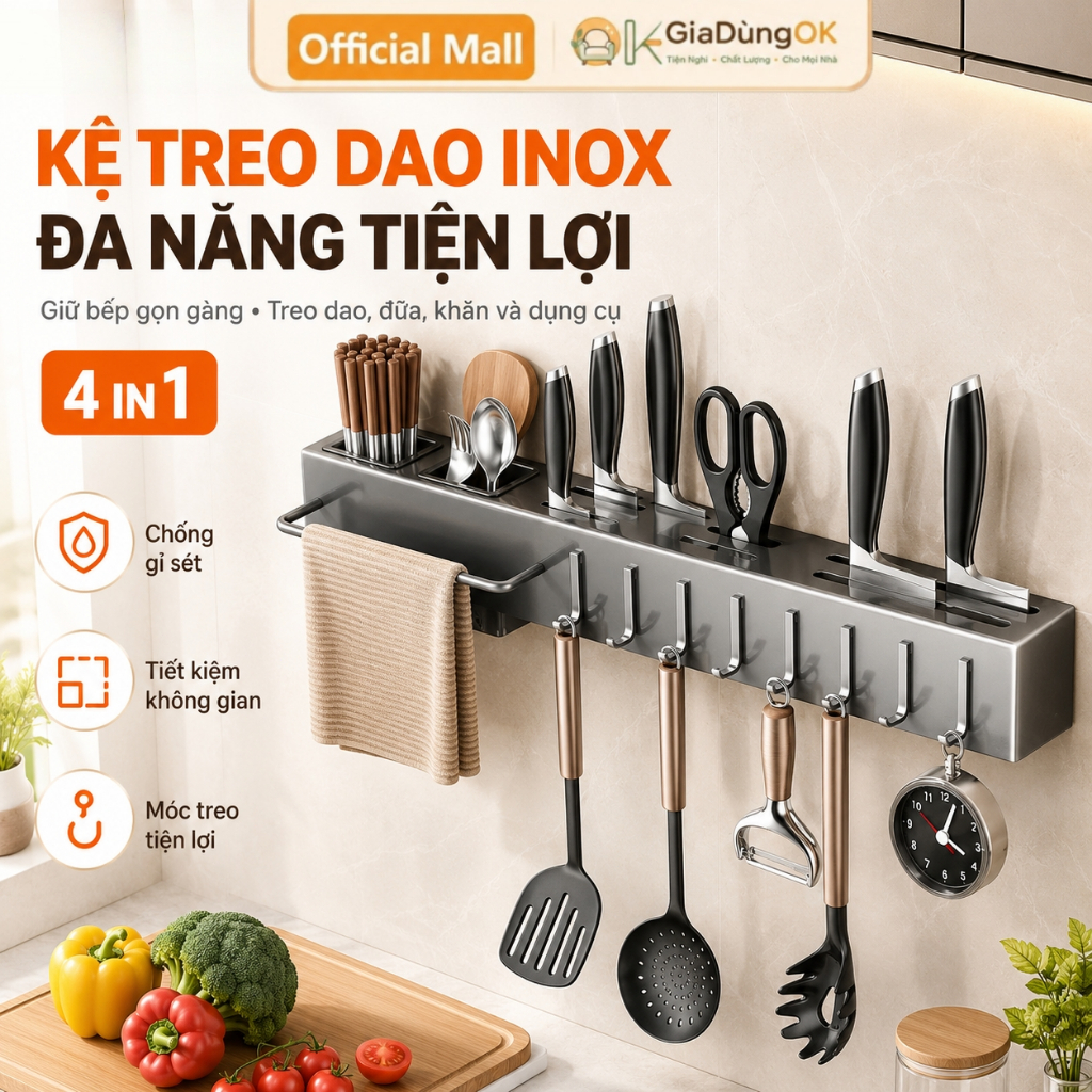 Giá Đựng Đũa Dao Nĩa Đa Năng 4 Trong 1 Thép Carbon, Kệ Bếp Gọn Gàng, Tiện Lợi Cho Nhà Bếp