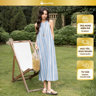 SWANLAKE | Váy Đầm Nữ Maxi Suông Sát Nách Cổ Yếm Linen Sọc Xanh Dương Pastel Du Lịch Biển Hè D13877