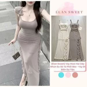 Váy Maxi Hai Dây Nhún Eo Xẻ Tà Phối Bèo-Váy Dài Ôm Body Sexy Đi Biển Dự Tiệc Siêu Sang