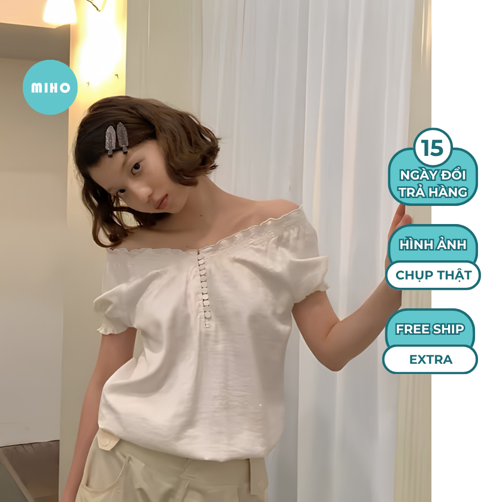 Áo kiểu trễ vai đính cúc dáng bí Miho House