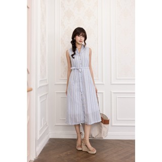 SWANLAKE | Váy Đầm Nữ Sơ Mi Sát Nách Cổ Bẻ Dây Thắt Eo Vải Xô Cotton Sọc Công Sở Dạo Phố Hè D13824