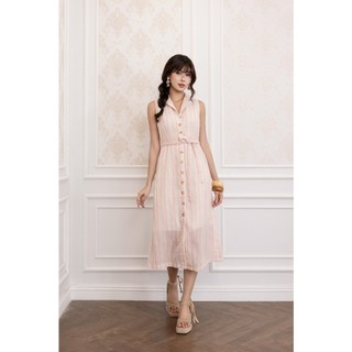SWANLAKE | Váy Đầm Nữ Sơ Mi Sát Nách Cổ Bẻ Dây Thắt Eo Vải Xô Cotton Sọc Công Sở Dạo Phố Hè D13824