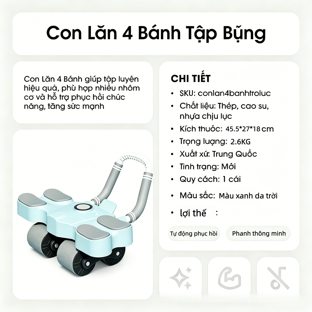 Con lăn 4 bánh tập bụng, Có trợ lực, Tặng kèm thảm gối, tập cơ bụng, Thiết bị tập thể dục tại nhà
