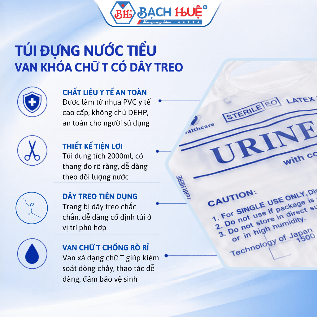 Túi Chứa Nước Tiểu 2000ml Van Chữ T Có Dây Treo Tiện Lợi – Túi Đựng Nước Tiểu Y Tế