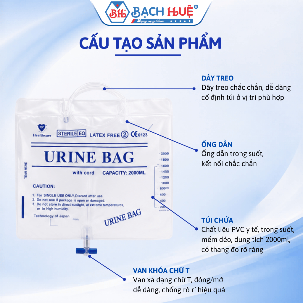 Túi Chứa Nước Tiểu 2000ml Van Chữ T Có Dây Treo Tiện Lợi – Túi Đựng Nước Tiểu Y Tế