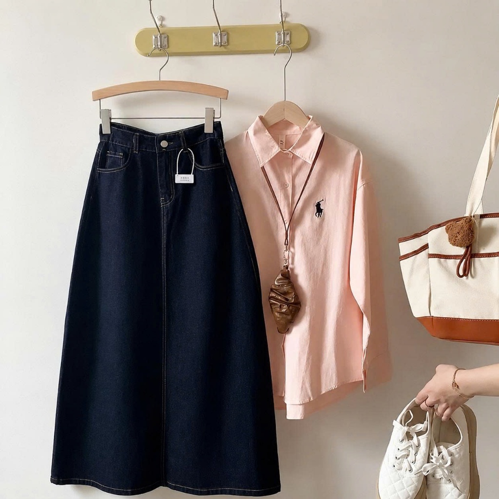 Chân Váy Jean Dài Chữ A Lưng Cao, Chân Váy Bò Nữ Basic Che Khuyết Điểm Xanh Wash/Xanh Than 92cm #7926 #7934 CHEZI HOUSE