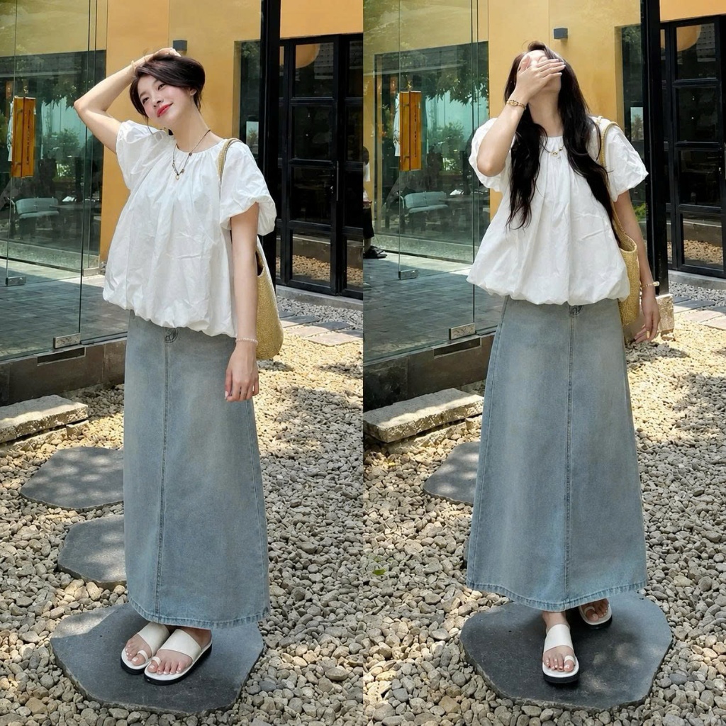 Chân Váy Jean Dài Chữ A Lưng Cao, Chân Váy Bò Nữ Basic Che Khuyết Điểm Xanh Wash/Xanh Than 92cm #7926 #7934 CHEZI HOUSE