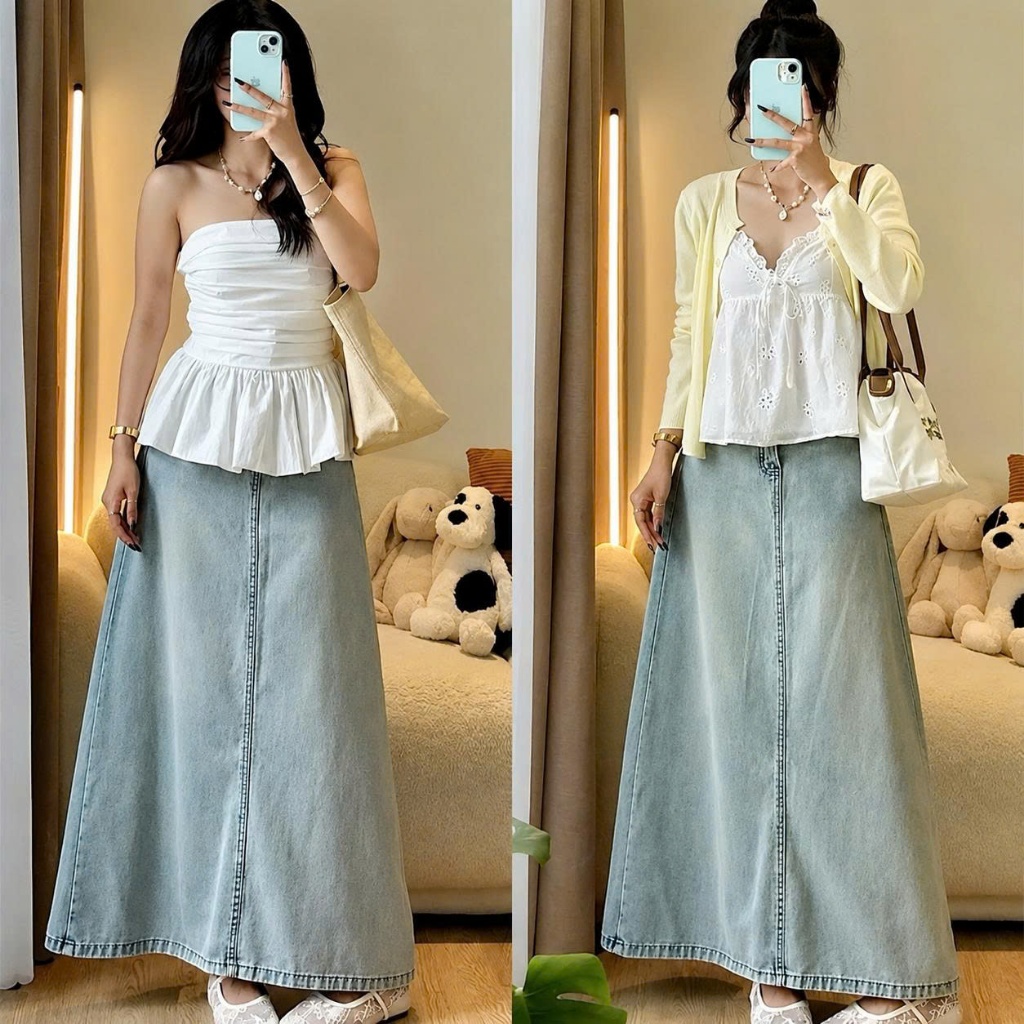 Chân Váy Jean Dài Chữ A Lưng Cao, Chân Váy Bò Nữ Basic Che Khuyết Điểm Xanh Wash/Xanh Than 92cm #7926 #7934 CHEZI HOUSE