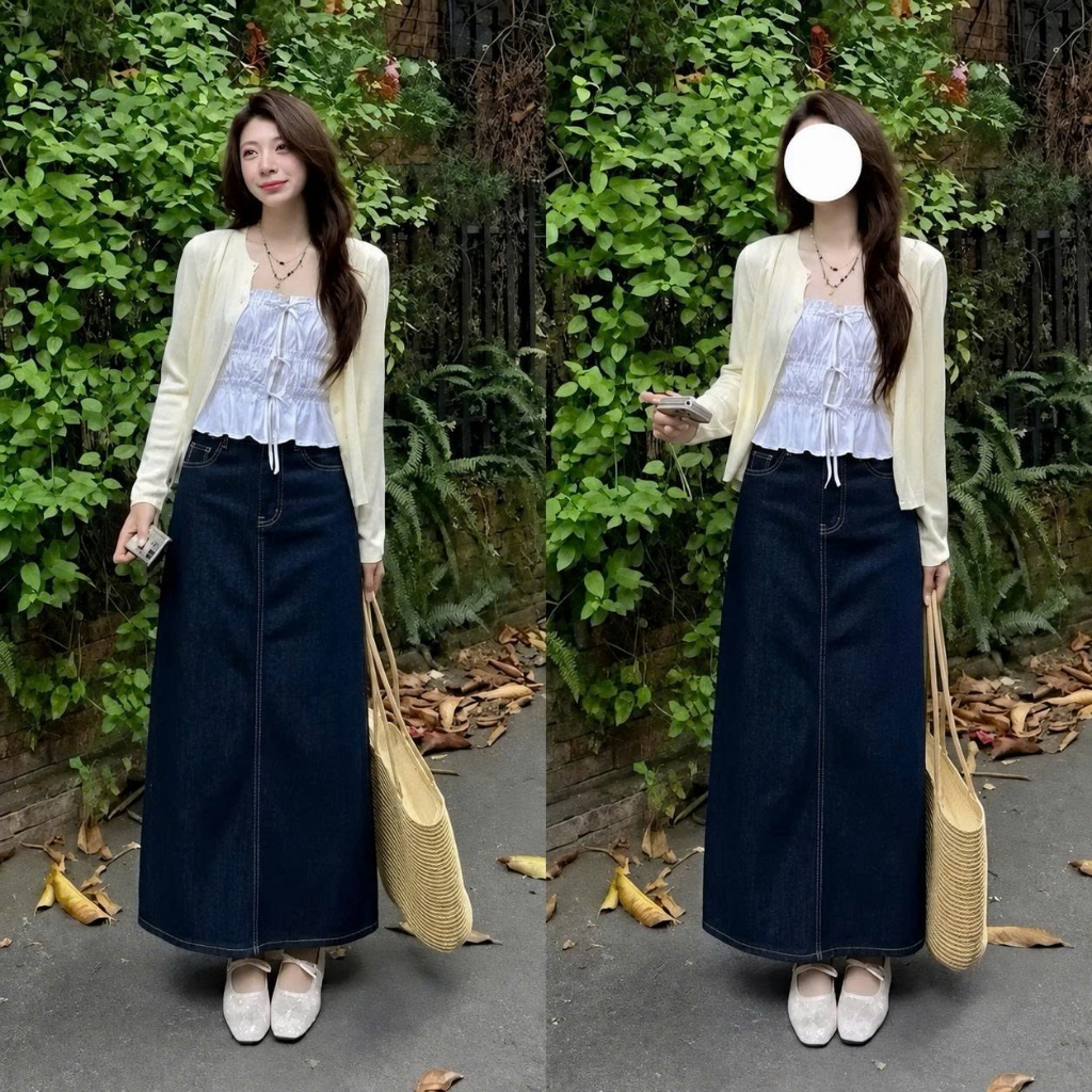 Chân Váy Jean Dài Chữ A Lưng Cao, Chân Váy Bò Nữ Basic Che Khuyết Điểm Xanh Wash/Xanh Than 92cm #7926 #7934 CHEZI HOUSE