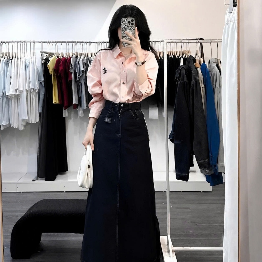 Chân Váy Jean Dài Chữ A Lưng Cao, Chân Váy Bò Nữ Basic Che Khuyết Điểm Xanh Wash/Xanh Than 92cm #7926 #7934 CHEZI HOUSE
