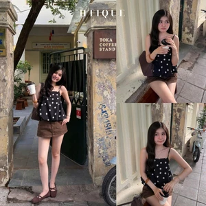 HTIQUE - Áo Hai Dây Chấm Bi Tiểu Thư Colette, Áo hay dây kiểu nữ bồng bềnh cà phê phố AT26