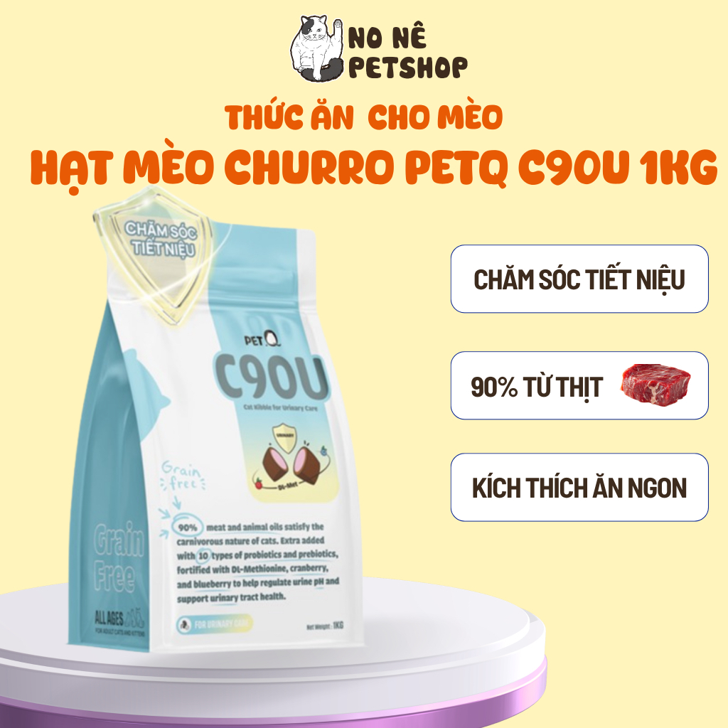 Thức ăn hạt cho mèo tiết niệu PetQ gói 1kg Hạt Churro C90U, 90% Đạm từ thịt