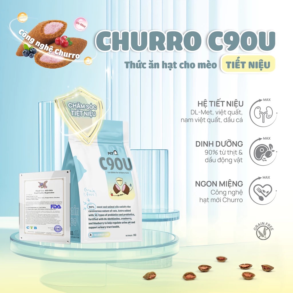 Thức ăn hạt cho mèo tiết niệu PetQ gói 1kg Hạt Churro C90U, 90% Đạm từ thịt