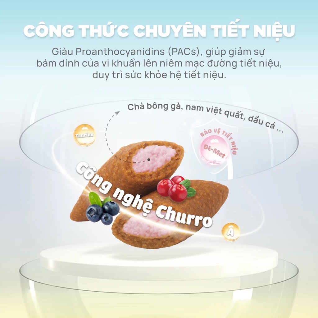 Thức ăn hạt cho mèo tiết niệu PetQ gói 1kg Hạt Churro C90U, 90% Đạm từ thịt