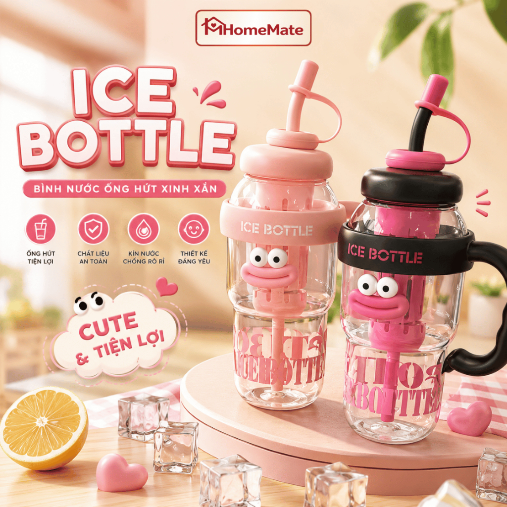 Bình Nước Hoạt Hình 1300ML Có Ống Hút Và Quai Đeo, Ly Nước Dễ Thương Chống Tràn Cho Trẻ Em Người Lớn