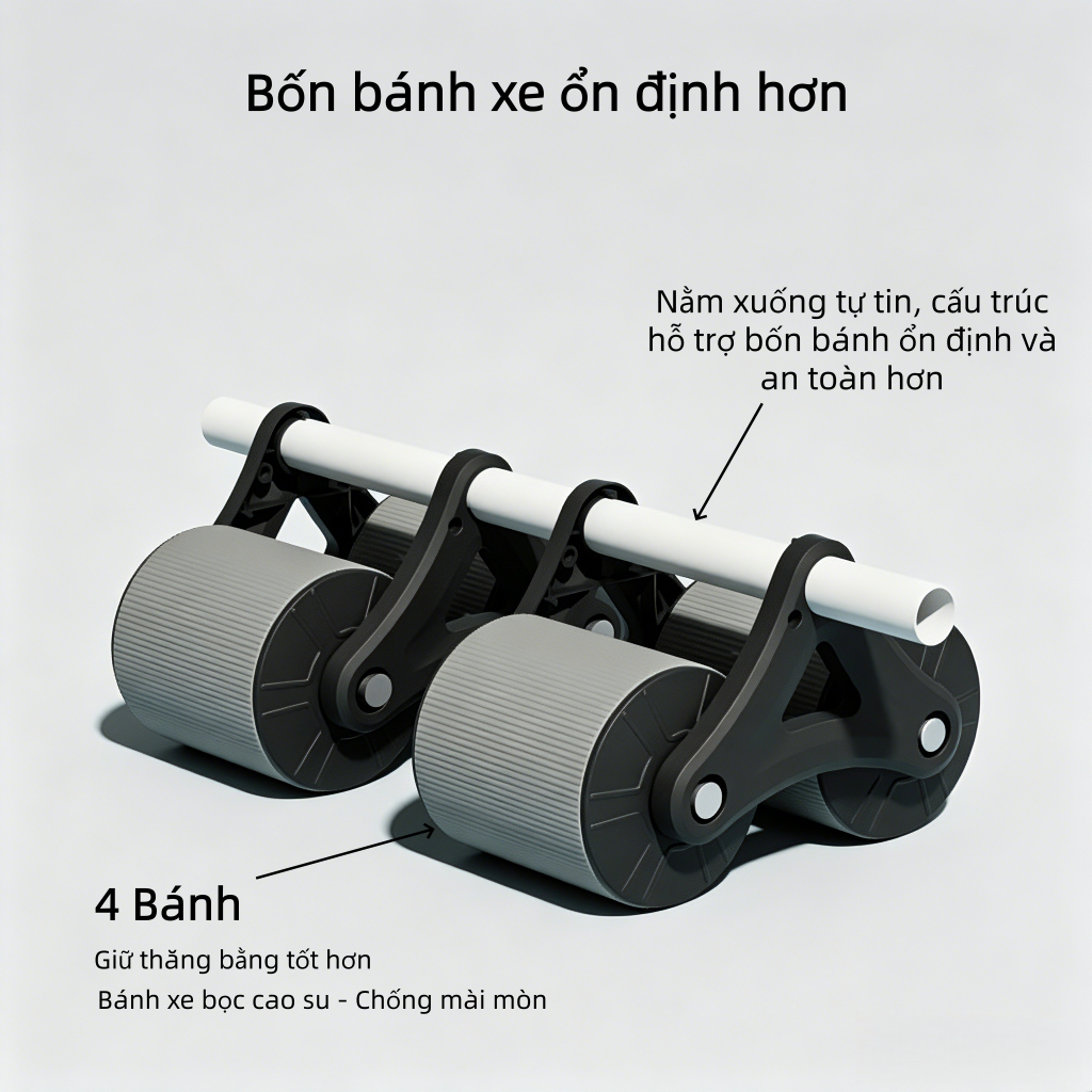 Con lăn 4 bánh tập bụng, Có trợ lực, Tặng kèm thảm gối, tập cơ bụng, Thiết bị tập thể dục tại nhà