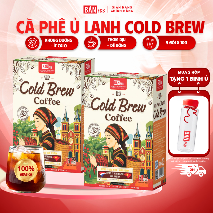[MỚI] Cà Phê Ủ Lạnh Cold Brew Không Đường Ít Calo, Cafe Arabica Nguyên Chất Tốt Sức Khỏe - Bản F&B (HỘP 50G) 5 GÓI