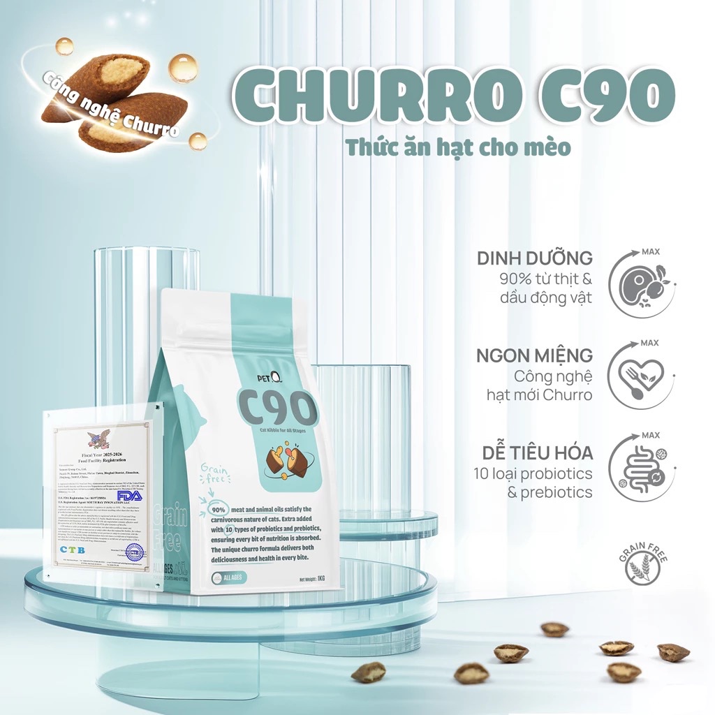 Thức ăn hạt cho mèo PetQ, Hạt Churro C90, 90% từ thịt & dầu cá, phù hợp cho mọi lứa tuổi