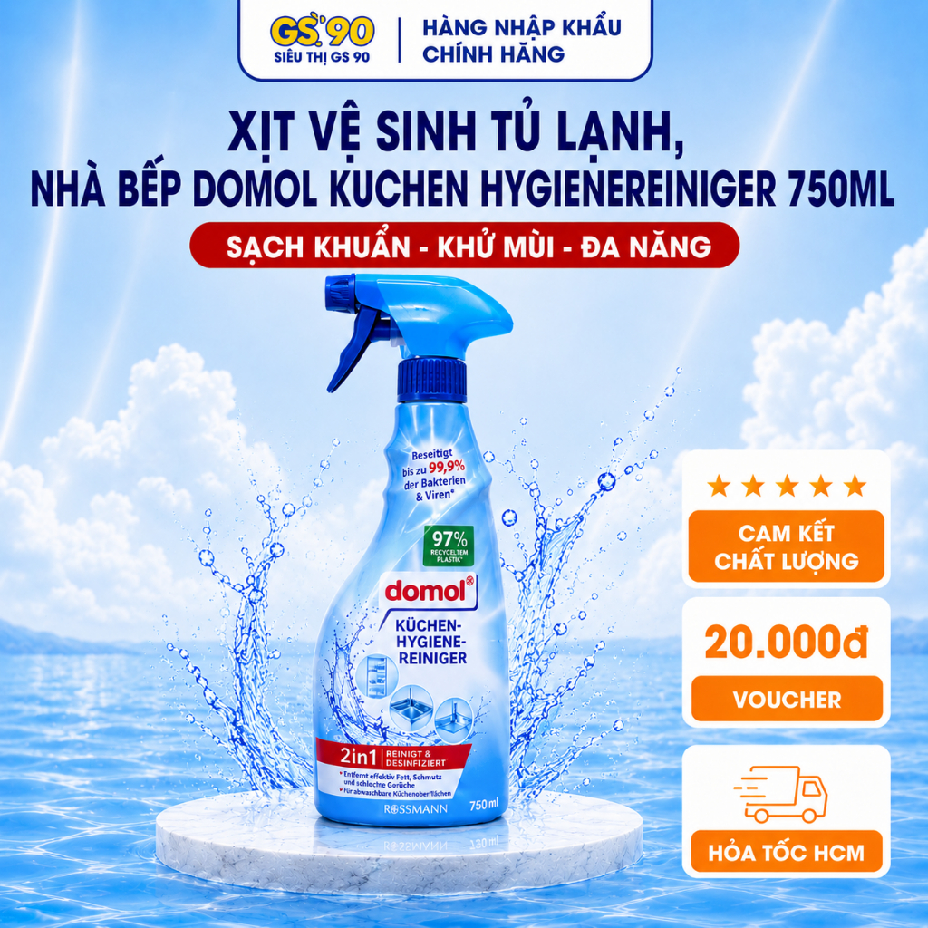 Chai Xịt Diệt Khuẩn Vệ Sinh Tủ Lạnh Nhà Bếp Dầu Mỡ Domol Kuchen Hygienereiniger 750ml Nhập Khẩu Đức