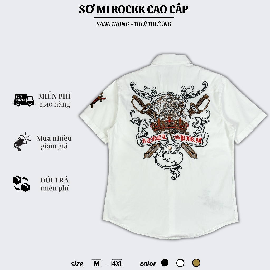 Sơ Mi Thêu Rock Classic Nam Cao Cấp Họa Tiết Sư Tử Chỉ Đỏ - Vải Kaki, Cúc Kim Loại Đẳng Cấp 019