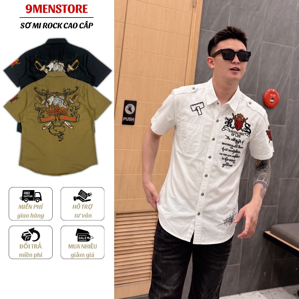 Sơ Mi Thêu Rock Classic Nam Cao Cấp Họa Tiết Sư Tử Chỉ Đỏ - Vải Kaki, Cúc Kim Loại Đẳng Cấp 019