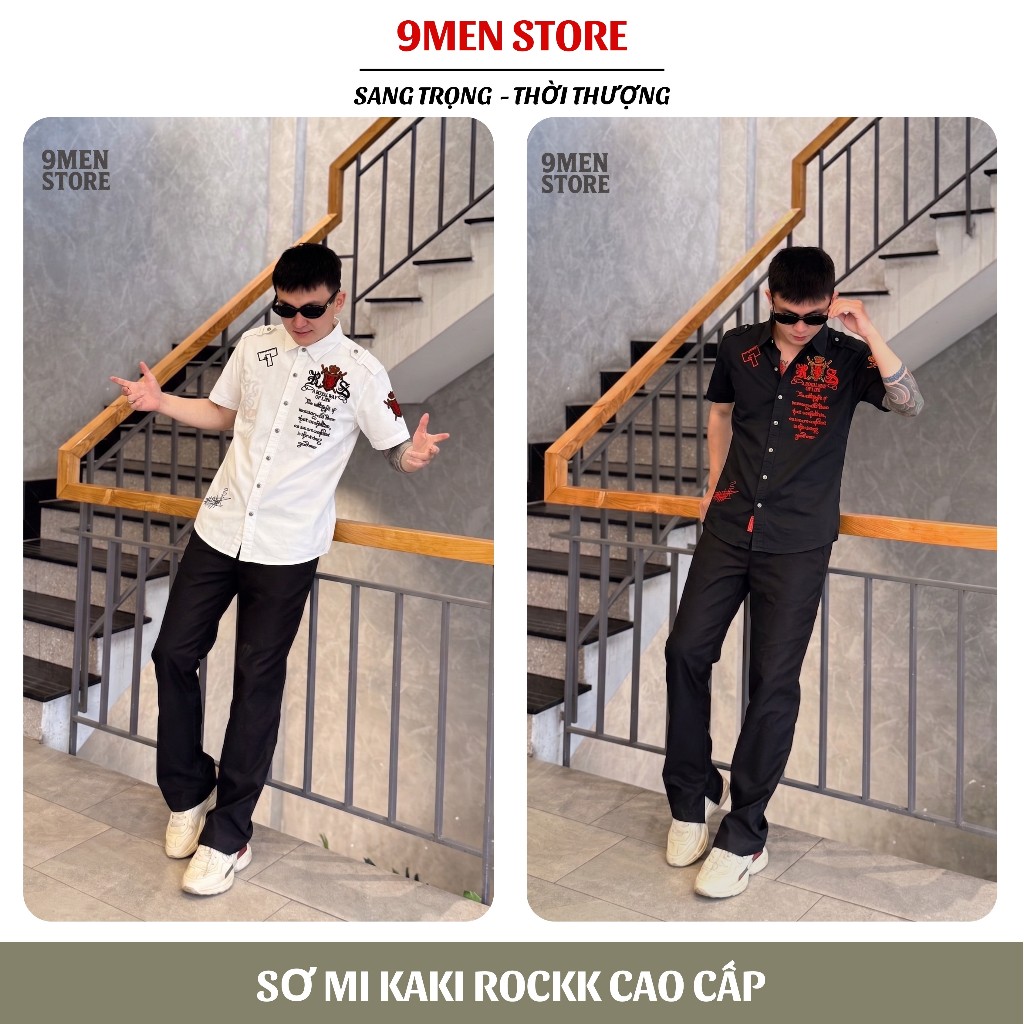 Sơ Mi Thêu Rock Classic Nam Cao Cấp Họa Tiết Sư Tử Chỉ Đỏ - Vải Kaki, Cúc Kim Loại Đẳng Cấp 019