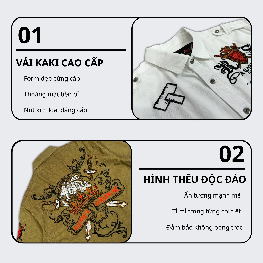 Sơ Mi Thêu Rock Classic Nam Cao Cấp Họa Tiết Sư Tử Chỉ Đỏ - Vải Kaki, Cúc Kim Loại Đẳng Cấp 019