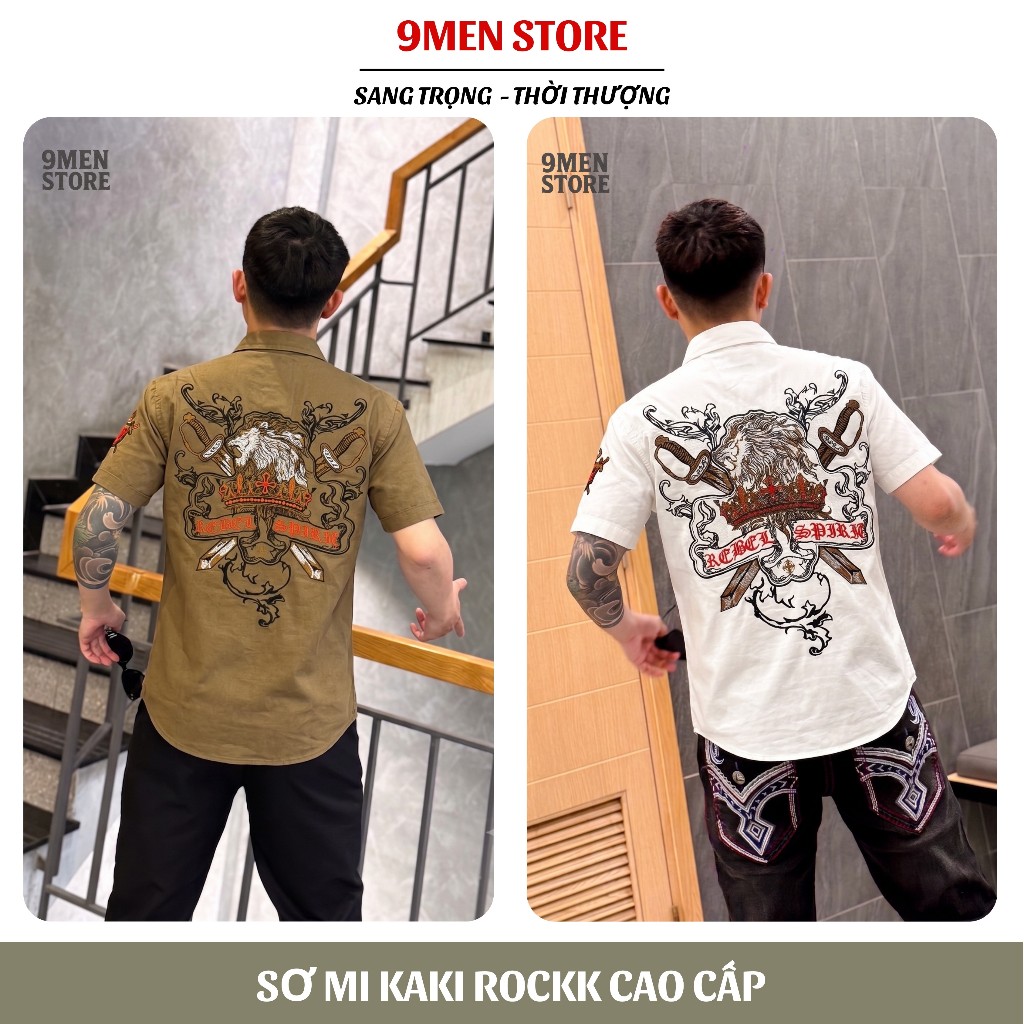 Sơ Mi Thêu Rock Classic Nam Cao Cấp Họa Tiết Sư Tử Chỉ Đỏ - Vải Kaki, Cúc Kim Loại Đẳng Cấp 019