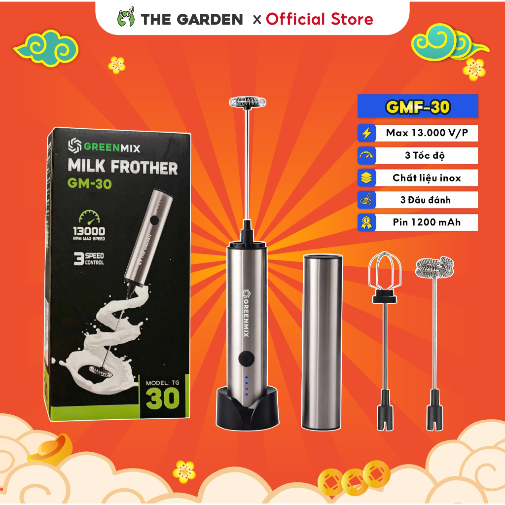 Máy tạo bọt cà phê microfoam, máy đánh trứng mini cầm tay THE GARDEN x GREENMIX - 3 đầu đánh bọt, inox 304