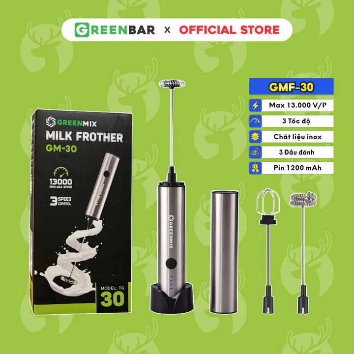 Máy tạo bọt cà phê microfoam, máy đánh trứng mini cầm tay GREENBAR x GREENMIX - 3 đầu đánh bọt, inox 304