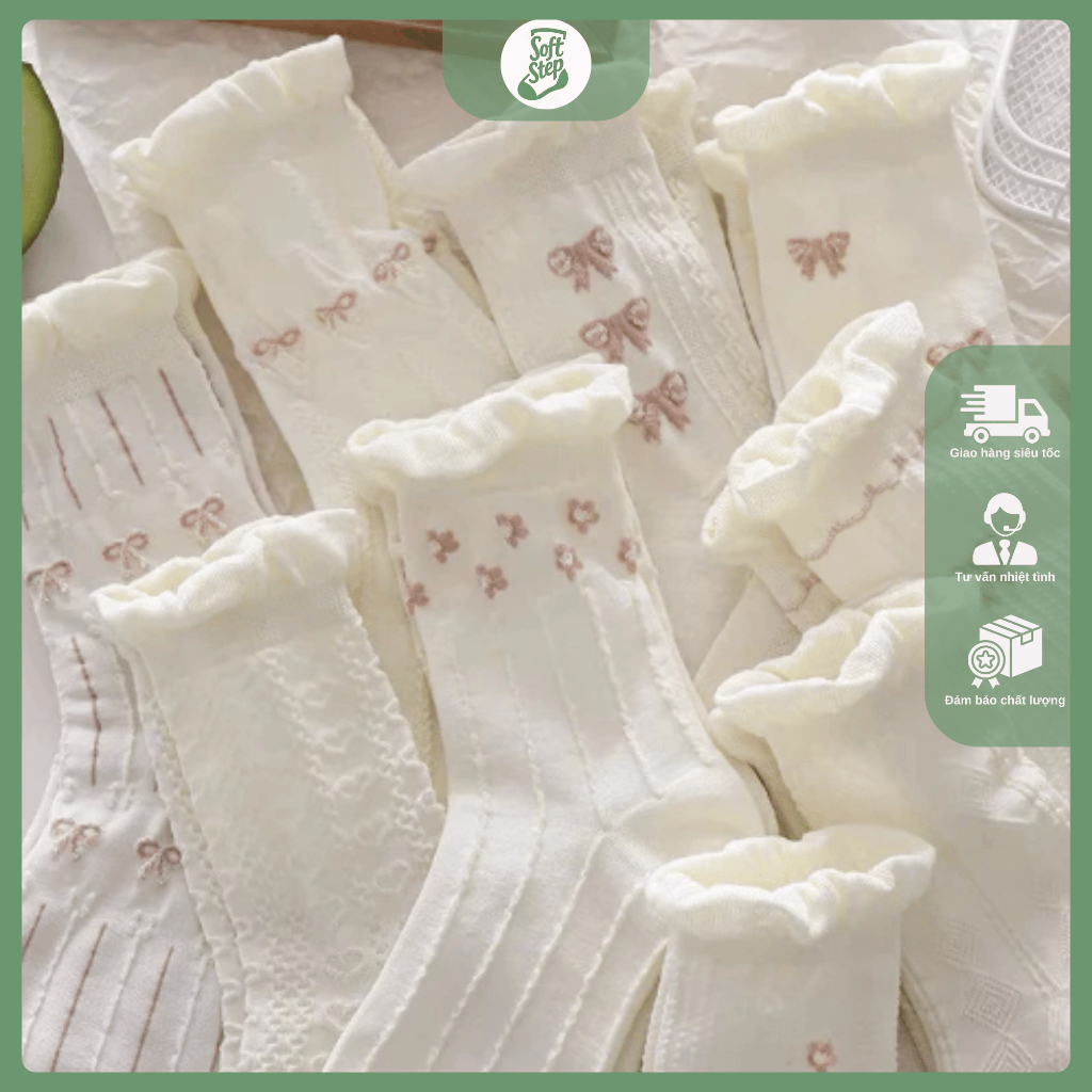 Set 5 Đôi Tất Nữ Cotton Phối Nơ Họa Tiết Hoa Nhí Dễ Thương Phong Cách Hàn Quốc TTD76-SoftStep