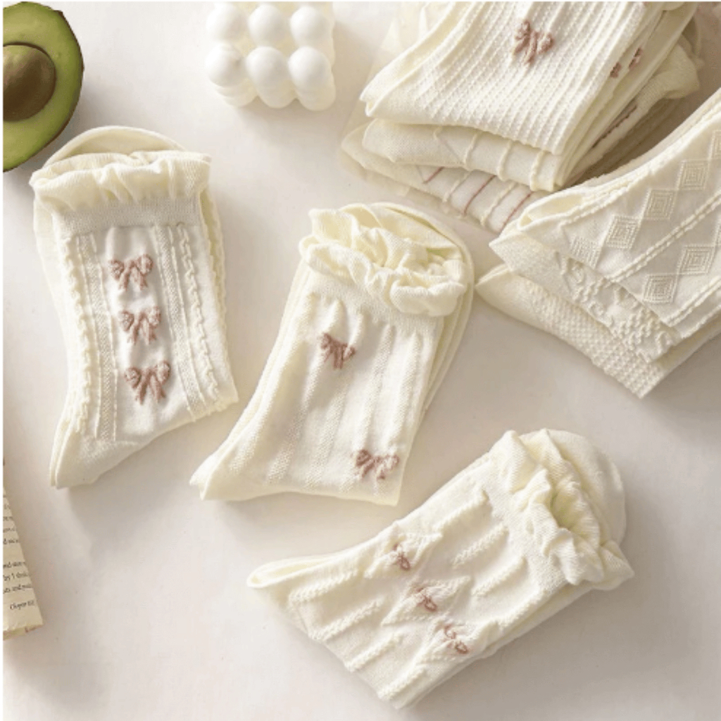 Set 5 Đôi Tất Nữ Cotton Phối Nơ Họa Tiết Hoa Nhí Dễ Thương Phong Cách Hàn Quốc TTD76-SoftStep