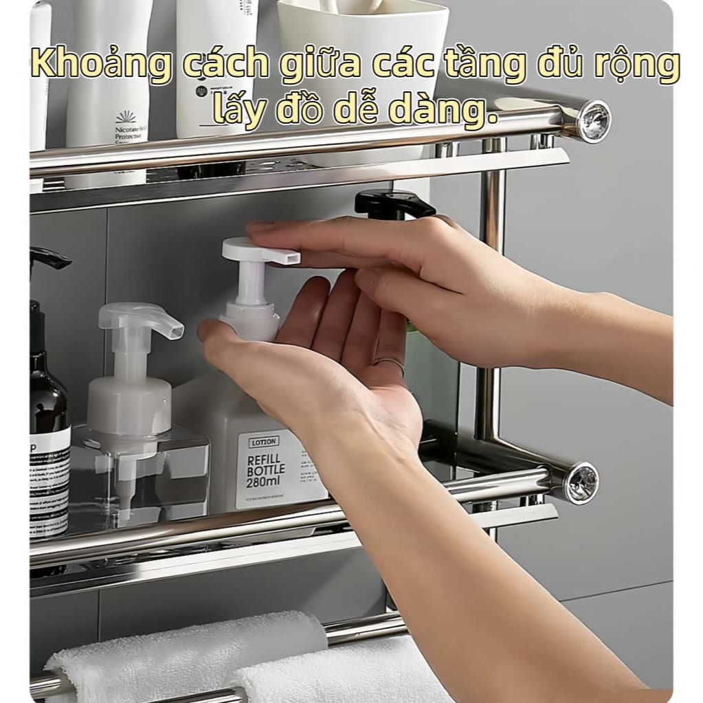 Kệ Treo Nhà Tắm Đa Năng Inox - Giá Đỡ Phòng Tắm Gồm Ngăn Để Đồ, Thanh Treo Khăn Và Móc Treo Dụng Cụ