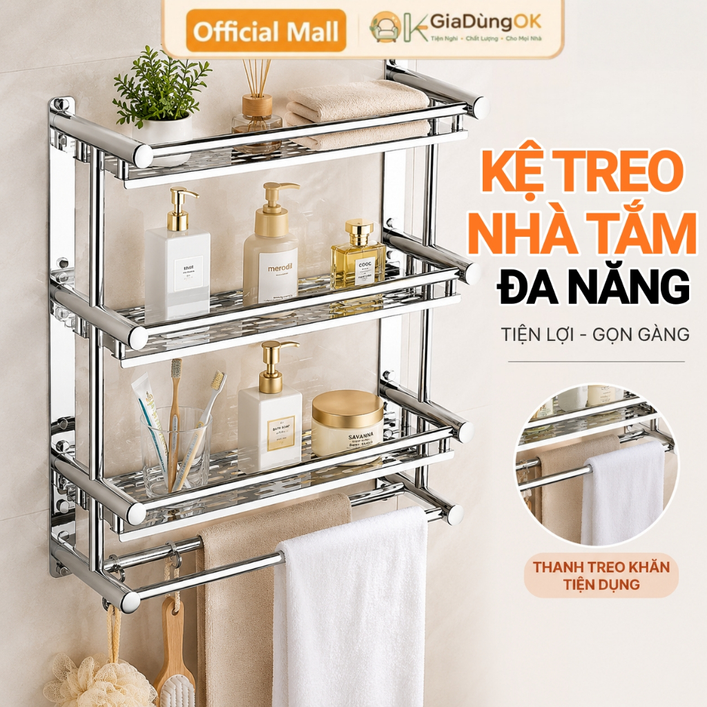 Kệ Treo Nhà Tắm Đa Năng Inox - Giá Đỡ Phòng Tắm Gồm Ngăn Để Đồ, Thanh Treo Khăn Và Móc Treo Dụng Cụ