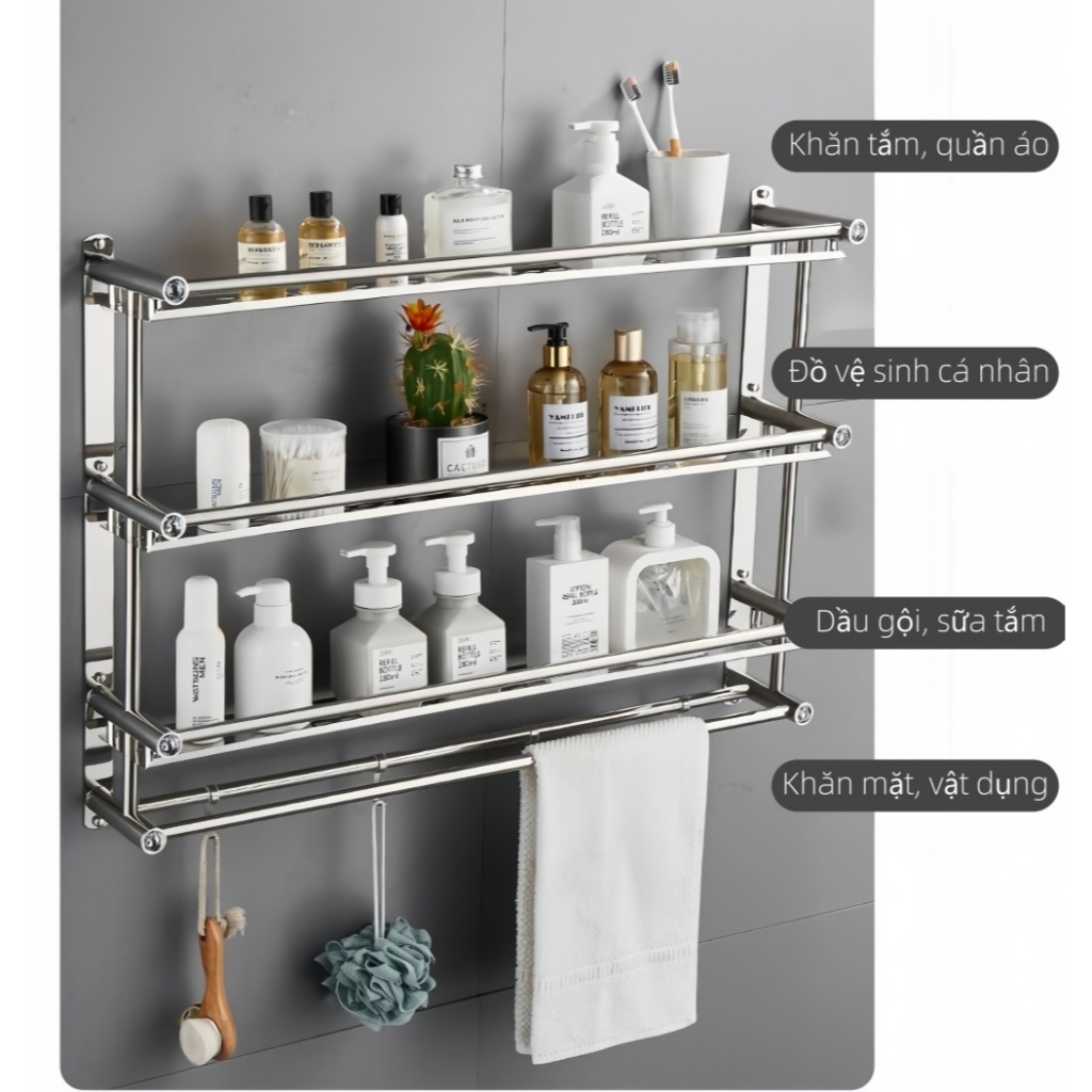 Kệ Treo Nhà Tắm Đa Năng Inox - Giá Đỡ Phòng Tắm Gồm Ngăn Để Đồ, Thanh Treo Khăn Và Móc Treo Dụng Cụ