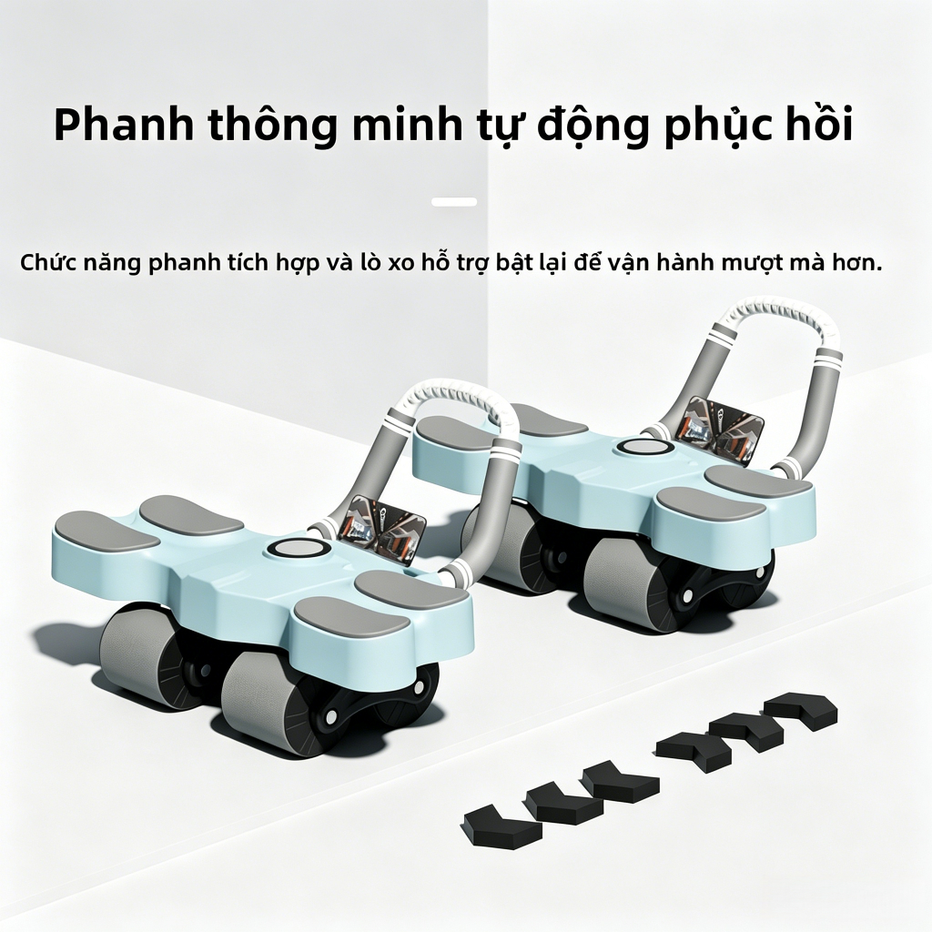 Con lăn 4 bánh tập bụng, Có trợ lực, Tặng kèm thảm gối, tập cơ bụng, Thiết bị tập thể dục tại nhà