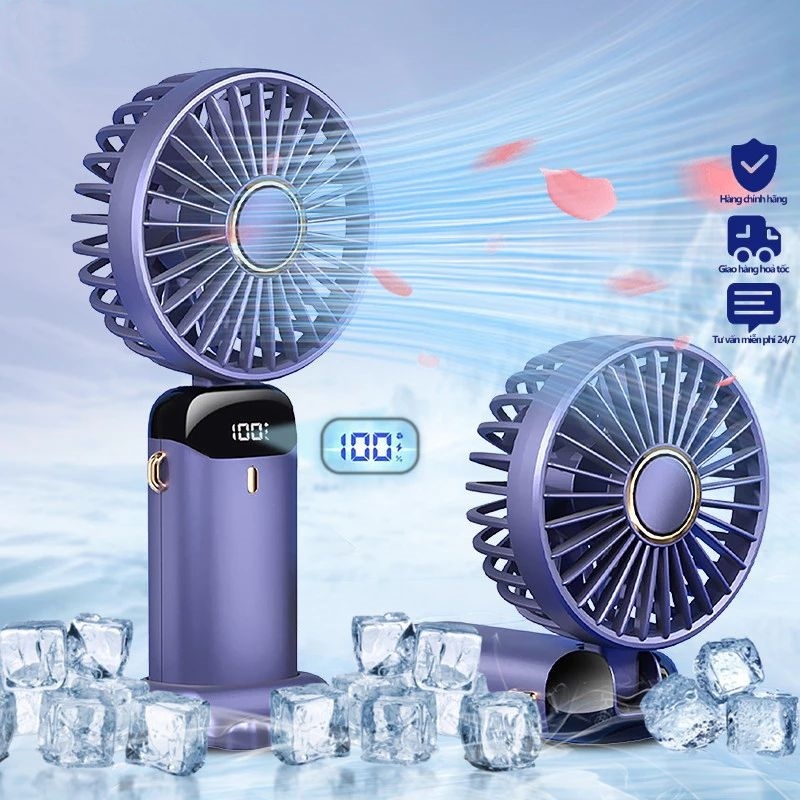 Quạt Cầm Tay Mini Gấp Gọn Sạc Tích Điện 5 Cấp Độ Gió Tích Điện Đèn Led Hiển Thị % Pin Xoay 90 Độ