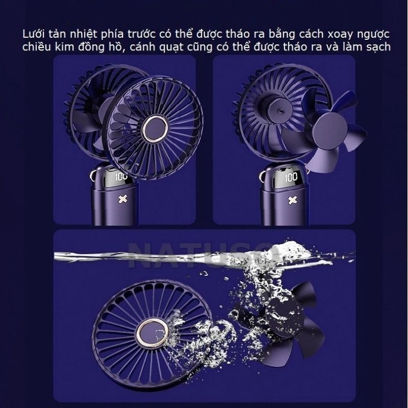 Quạt Cầm Tay Mini Gấp Gọn Sạc Tích Điện 5 Cấp Độ Gió Tích Điện Đèn Led Hiển Thị % Pin Xoay 90 Độ