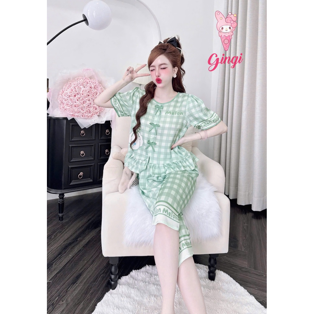 [ Size40-60kg Đồ Lửng250324 ]Đồ nữ mặc nhà áo tay ngắn quần lửng hoạ tiết sang chảnh chất lụa latin cao cấp
