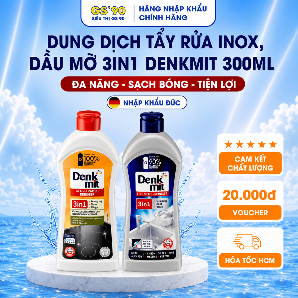 Dung dịch vệ sinh tẩy rửa inox, bồn rửa chén bát, tẩy dầu mỡ bếp DENKMIT 3IN1 chai 300ml Hàng Đức